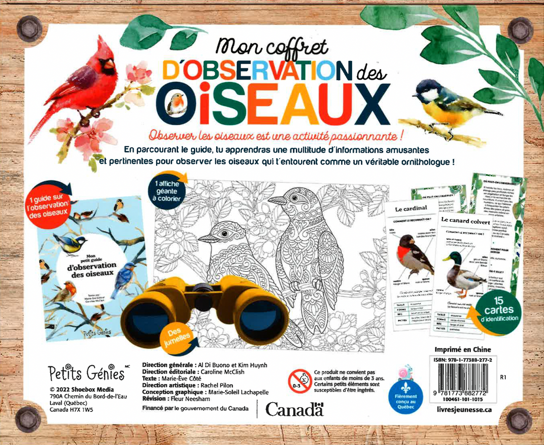 Mon coffret d'observation des oiseaux : 1 guide sur l'observation des  oiseaux + des jumelles + 1 affiche géante à colorier + 15 cartes